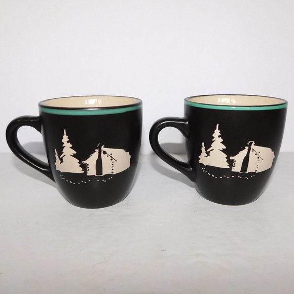 Set 2 Bass Pro Shops Brown Cream Teal stoneware Coffee Mugs Camping Tent Scene - Picture 1 of 5